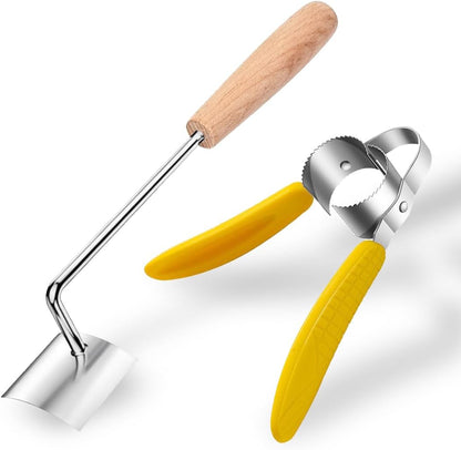 Corn Kernel Remover Combo Set - Stainless Steel Corn Stripper Pliers & Wooden Handle Scraper | Quick Effortless Corn Peeler Tools for Kitchen, BBQ, Canning | Dishwasher Safe & Ergonomic Design