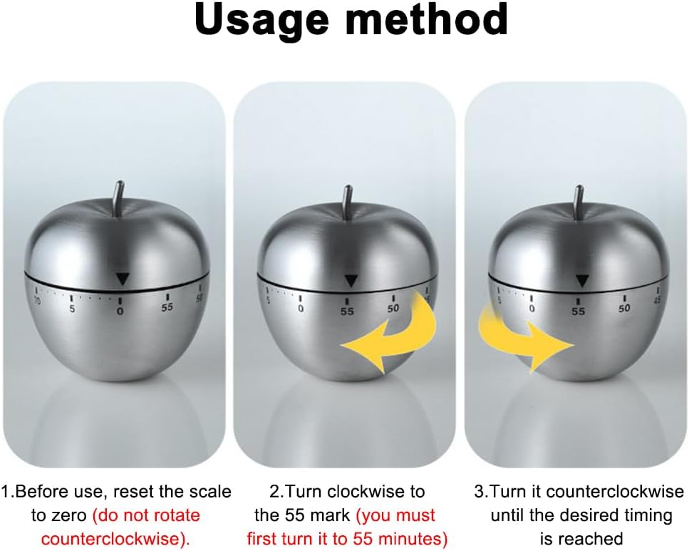 Mechanical Kitchen Timer 60 Minutes, Apple-Shaped Wind Up Timer (No Batteries), Manual Analog Cooking Timer with Loud Ring for Baking, Eggs, and Meal Prep, Silver