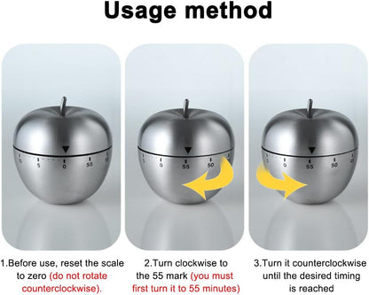 Mechanical Kitchen Timer 60 Minutes, Apple-Shaped Wind Up Timer (No Batteries), Manual Analog Cooking Timer with Loud Ring for Baking, Eggs, and Meal Prep, Silver