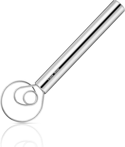 Pack of 2 Danish Dough Whisk, Kitchen Baking Flour Mixing Tool for Sourdough, Bread, Flour Paste, Butter, Pancake, Pizza, Cake, Pastry, Biscuits, Wooden Handle Stainless Steel Ring