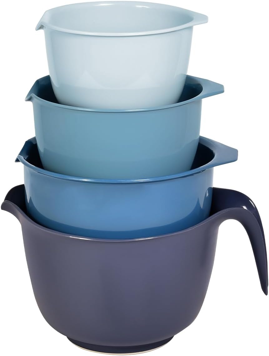 Glad Mixing Bowls with Pour Spout, Set of 4 - Nesting Plastic Bowls (1.2qt, 1.9qt, 2.8qt, and 3qt with Handle) - Non Slip Base, Dishwasher Safe Kitchen Cooking and Baking Supplies, Grey