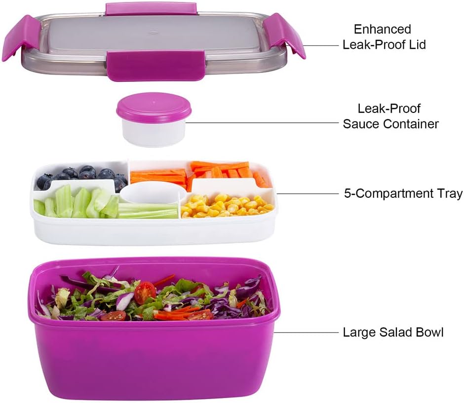Caperci Large Salad Container Bowl for Lunch - Better Adult Bento Lunch Box 68 oz, 5-Compartment Tray, 2pcs 3-oz Sauce Cups, Stackable, BPA-Free (Navy)