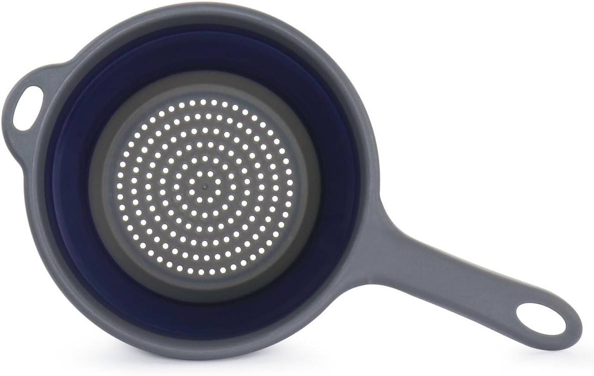 Collapsible Colander with Handle – Space-Saving Polypropylene Strainer for Pasta, Vegetables & Fruits, Foldable Kitchen Colander in Navy Blue