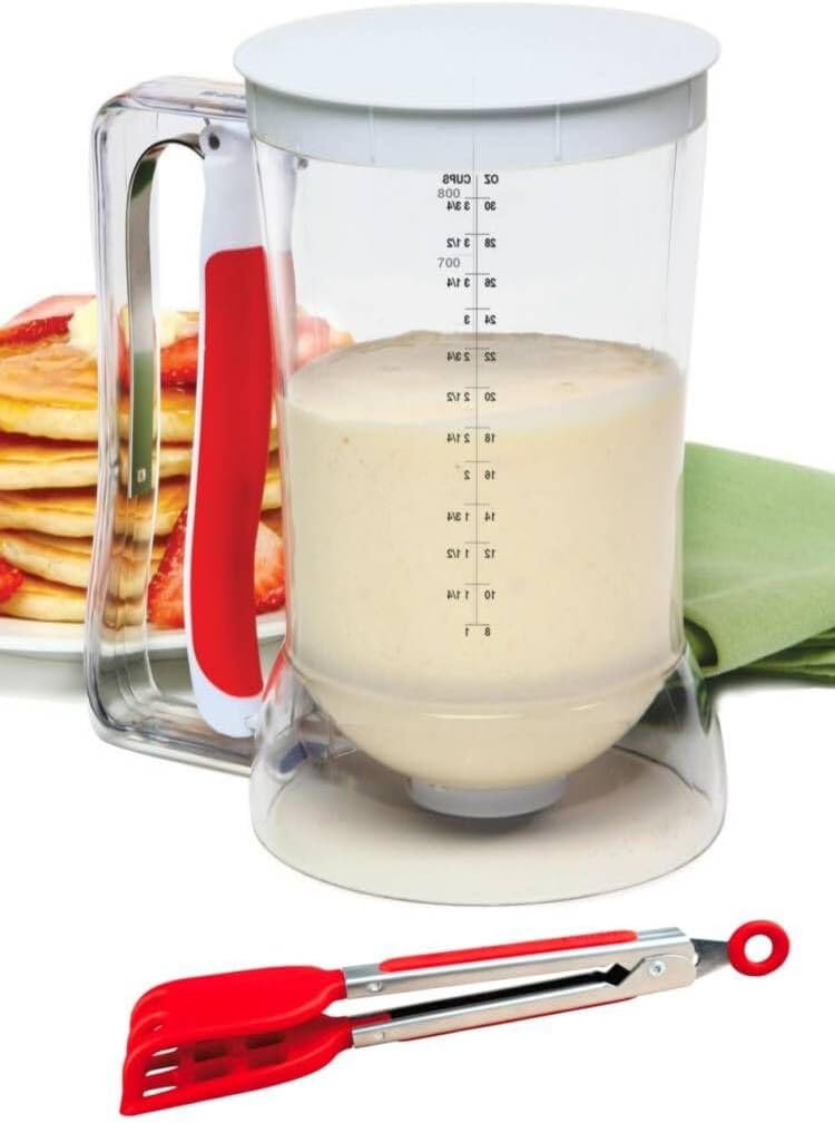 Waffles Batter Dispenser n Waffle Tongs Combo Set,Get Perfectly Fluffy Waffles Every Time! Batter Measuring Separator for Pancakes, Cupcake, Muffin Quick Filling Cookie Batter