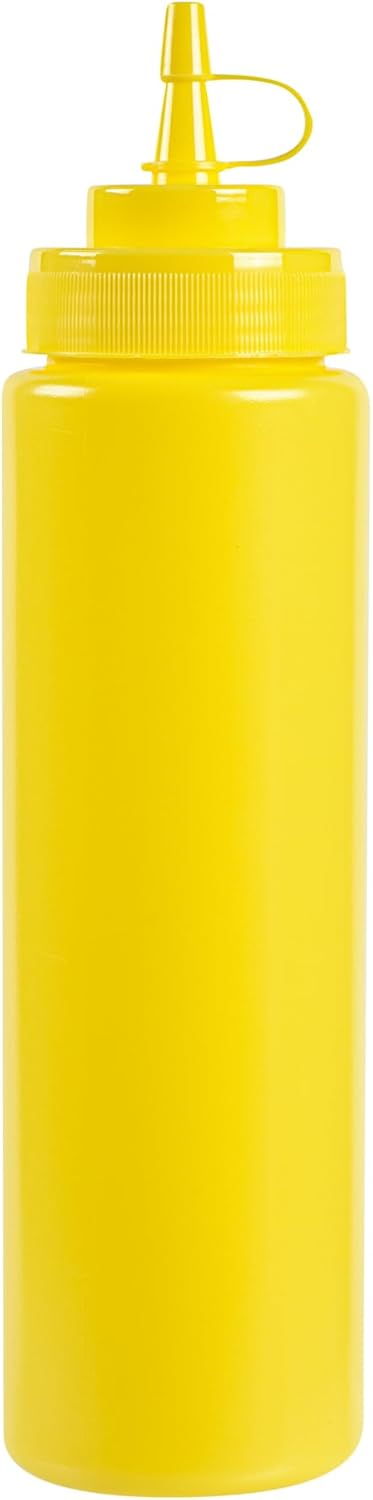 Restaurantware Plastic Squeeze Bottle 20 oz Refillable Condiment Bottle Large Valve Dishwashable Yellow Inverted Sauce Dispenser For Thick Condiments, Dressings, Batter, Sour Cream, And Syrups