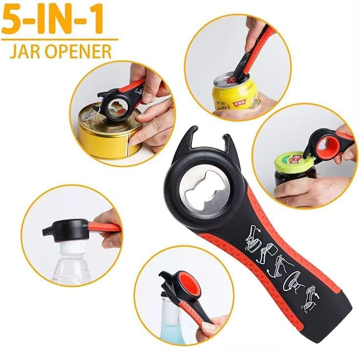 Jar Opener for Weak Hands & Seniors with Arthritis (4-Piece Set) – 5-in-1 Bottle & Can Opener Kitchen Gadget with Non-Slip Silicone Gripper Pad & Corkscrew Wine Opener
