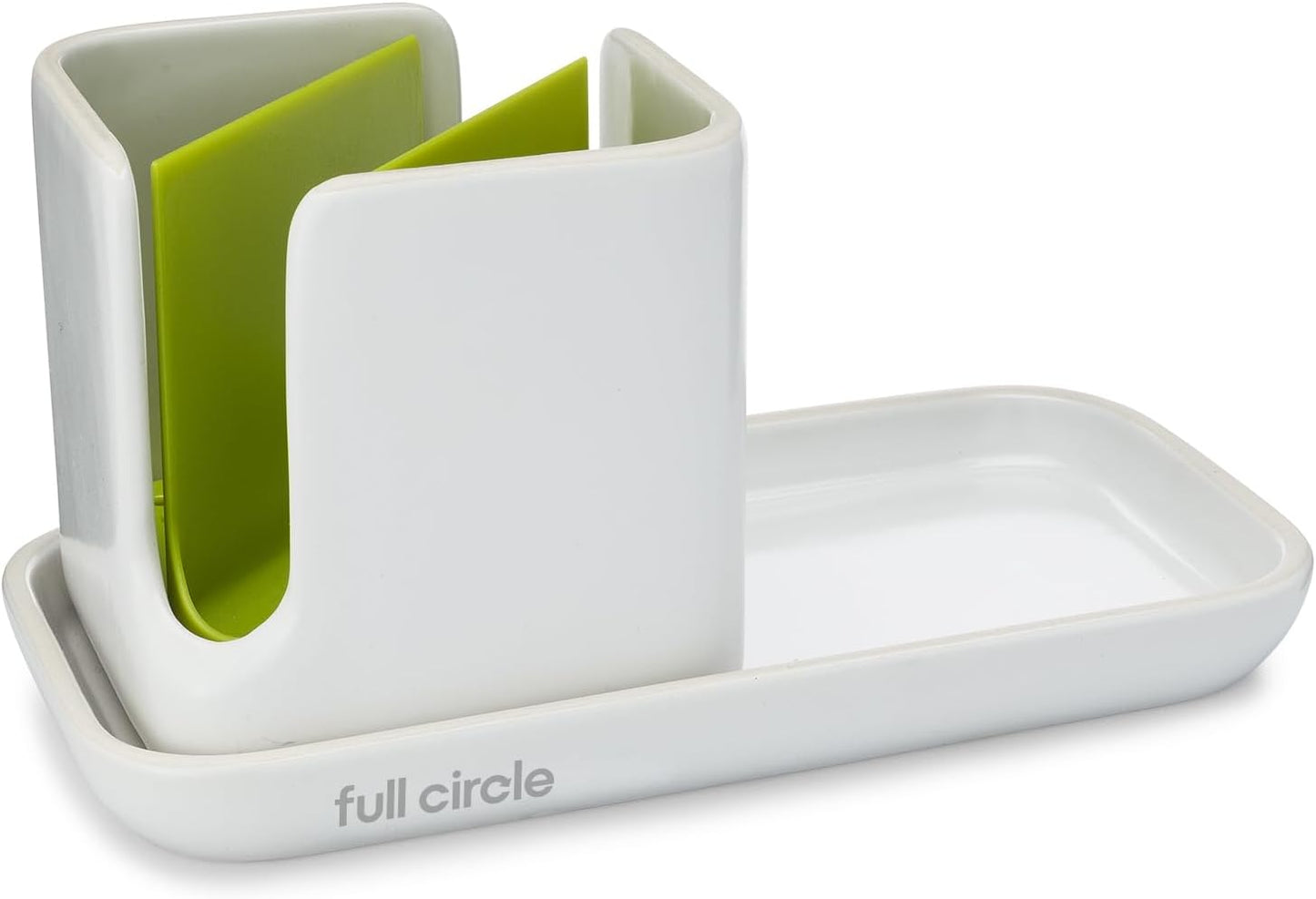Full Circle Stash, Ceramic Kitchen Sink Caddy, Stylish Sponge Holder & Dish Brush Organizer, Easy to Clean, Dishwasher Safe, Rustproof, White and Gray