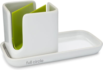 Full Circle Stash, Ceramic Kitchen Sink Caddy, Stylish Sponge Holder & Dish Brush Organizer, Easy to Clean, Dishwasher Safe, Rustproof, White and Gray