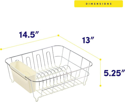 Dish Drying Rack & Cutlery Holder 2 Piece Set - Compact Sink-Fitting Dish Drainer with Rubberized Undercoating, Space-Saving Kitchen Organizer for Plates, Cups, Bowls & Utensils in Sink, Silver
