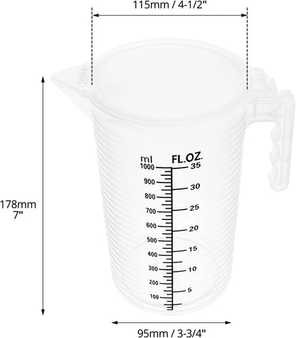 QWORK 2 Pack 32oz (1 Quart) Measuring Pitcher - Plastic, Multipurpose, Polypropylene, with Clear Ounce & Milliliter Markings, Dustproof Lid, for Cooking, Home Hobbies, Shop Oil and Fluids