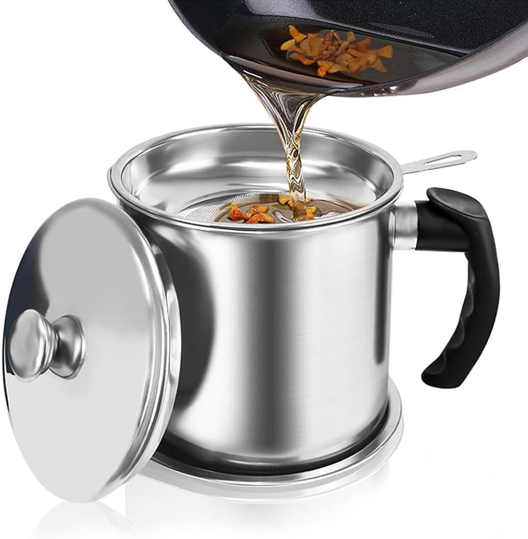 Grease Container with Fine Mesh Strainer kitchen oil storage tank pot (1.8 L Silver)