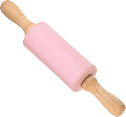 Silicone Rolling Pins, 17" Length, Silicone & Oak Non-Stick Ergonomic Wooden Handle Fondant Dough Roller Pink - (Applications: for Baking DIY Projects)