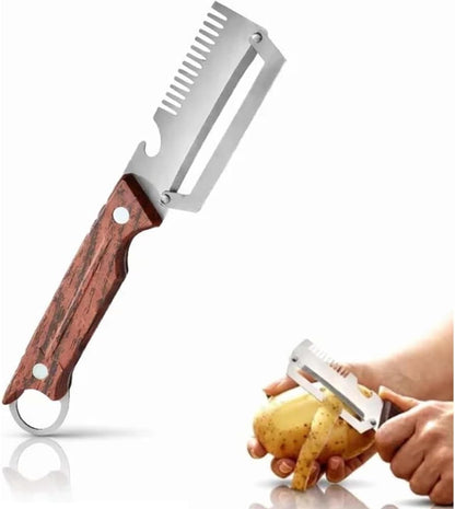3-in-1 Upgraded Vegetable Peeler with Grater and Bottle Opener, Stainless Steel Kitchen Peeler, Zero Snag Wooden Peeler for Fruits and Vegetables