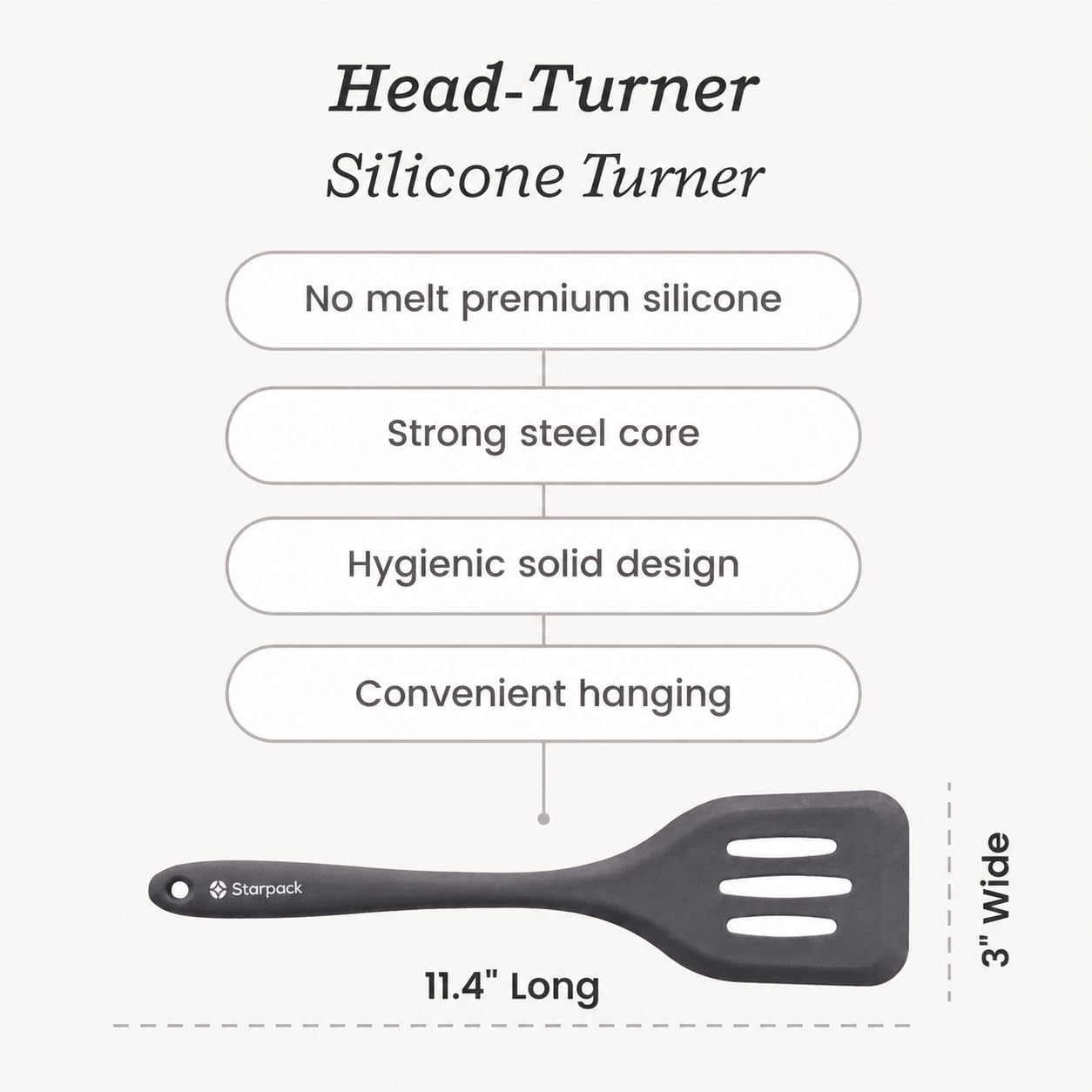 Starpack 'Head Turner' Premium Silicone Turner Spatula, Slotted Spatula - Up-to 600°F High Heat Resistant Silicone Slotted Spatulas for Cooking, LFGB Grade Non Stick Rubber Turner Spatula - 11.4"