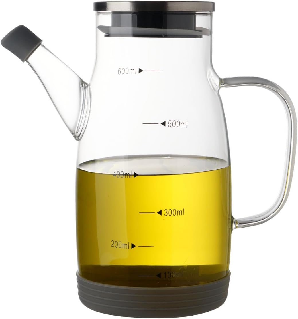 Large Glass Oil Dispenser Bottle for Kitchen Cooking Recipiente Para Aceite De Cocina Olive Oil Vinegar Dispenser Cruet Stainless Steel Lid No Drip Liquid Container (Clear, 34oz /1000ml)