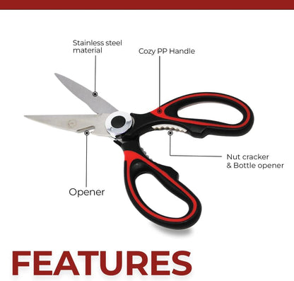 Professional Kitchen Scissors | 2-Pack Ultra Sharp Stainless Steel Kitchen Shears | Multi-Function Kitchen Scissors for Chicken, Fish, Meat, Vegetables, and Herbs (Black / Red)