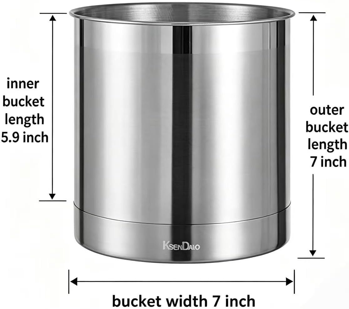 KSENDALO Stainless Steel Utensil Holder 7x7inch Large Utensil Holder for Countertop, Round Utensil Caddy for Spoons, Silverware, and Spatulas for Kitchen, Silver