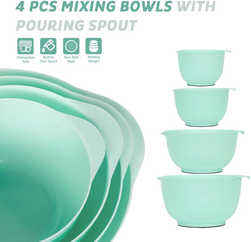 BoxedHome Nesting Plastic Mixing Bowl Set, 4 Piece Mixing Bowl Set with Pour Spouts, Size 1.7, 2.5, 3.5 and 4.5qt, for Prepping, Mixing, Baking, Cooking(2023 New Version, Pink)