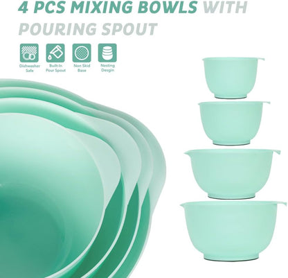 BoxedHome Nesting Plastic Mixing Bowl Set, 4 Piece Mixing Bowl Set with Pour Spouts, Size 1.7, 2.5, 3.5 and 4.5qt, for Prepping, Mixing, Baking, Cooking(2023 New Version, Pink)