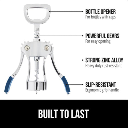 GORILLA GRIP BPA-Free Premium Wine Opener, Easy to Use Smooth Zinc Alloy Wing Corkscrew, Multifunctional Bottle Openers Remove Corks, Caps, Sharp Cork Screw, Dishwasher Safe, Bar Essentials, Black