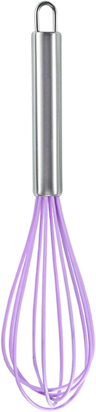 8 Inch Purple Silicone Whisk for Cooking Non Scratch, Small Manual Egg Beater and Baking Mixer, Rust-resistant Metal Wire Pastry Tool for Blending and Stirring