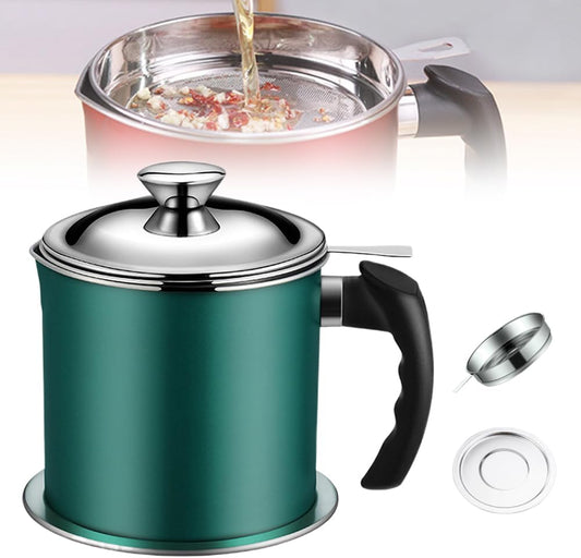 Stainless Steel Oil Filter Pot Can, 44 fl oz Large Capacity Grease Container Storage Pot Dispenser with Strainer & Lid for Storing/Filter/Separator Frying Oil and Cooking Grease (Silver)