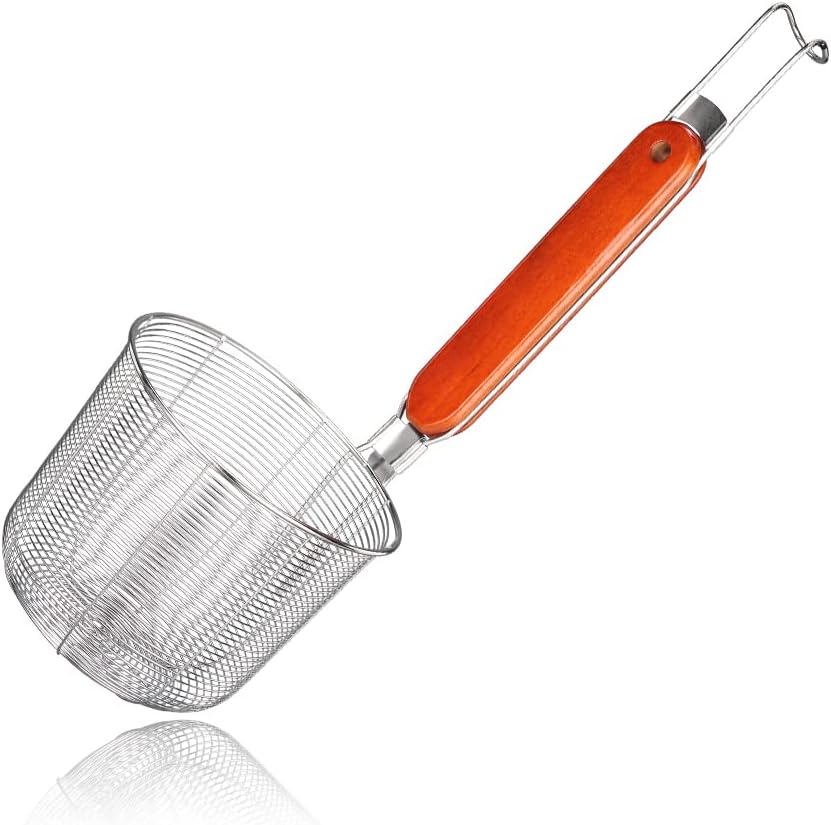 TENTA KITCHEN Premium 18/8 Stainless Steel Mesh Spider Spaghetti Dumpling Noodle Strainer -Mouth diameter 3.8 inch Basket and 8.1inch Handle