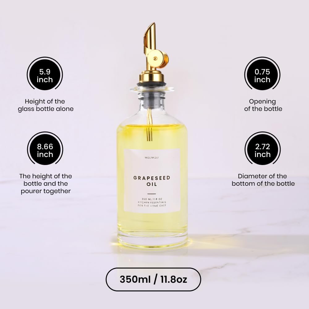 Molimoli - Premium Olive Oil Dispenser Bottles for Kitchen with Pourer - Oil and Vinegar Dispenser Set, Glass Dispenser for Kitchen, Dispenser Bottle of 350ml - Set of 2