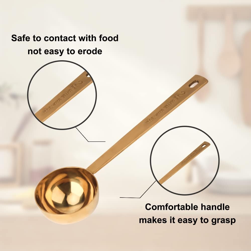 Coffee Scoop, Gold Stainless Steel Coffee Spoons Set, 1 tablespoon (15ml) and 1 tablespoons (30ml) Spoon, Gold Tablespoon Measure Spoon for Coffee, Milk Powder, Fruit Powder, 2 Pack(Long Handle)