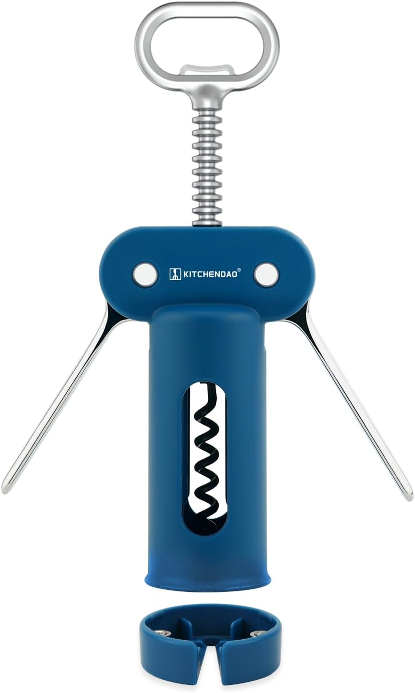 KITCHENDAO 3 in 1 Wing Corkscrew Wine Bottle Opener with Foil Cutter, Built-in Beer Bottle Opener, Multifunctional Wine Opener with Non-Stick Sharp Screw, Easy to Use, Manual Wine Corkscrew, Blue