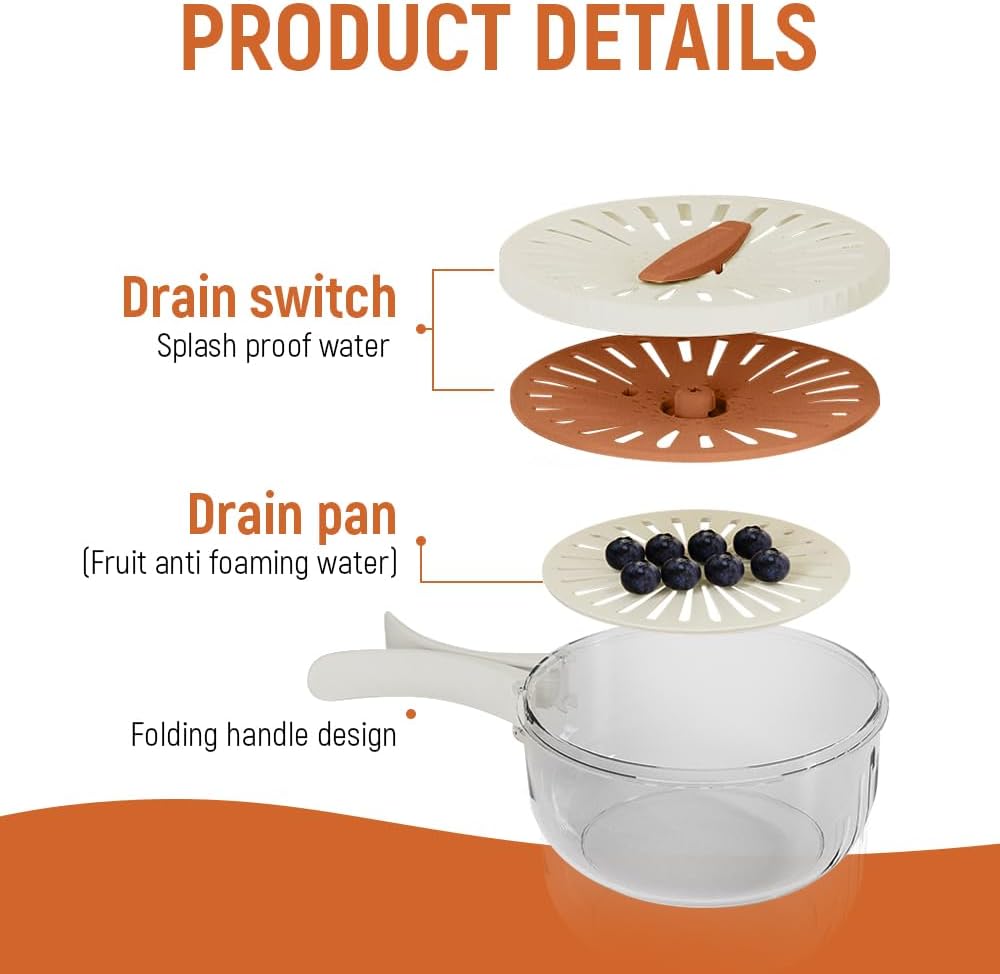 2 in 1 Drainer and Strainer, Collapsible Fruit Washing Basket with Cover and Handle, Multifunctional Vegetable Washing Drain Bowl, Keep Fruit Vegetable Fresh Longer, White 6.1" x 3.27"