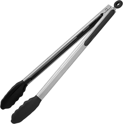 600ºF Heat Resistant Kitchen Tongs: U-Taste 9 inch Silicone Cooking Tong with Firm Sealed Non Stick Rubber Tips & Silicon Coated 18/8 Stainless Steel Handle & Smooth Locking for Serving Salad (Black)