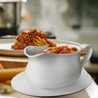 17oz Gravy Boat with Saucer Stand, Set of 1, Ceramic Sauce Boat with Tray for Salad Dressings,ketchup， Creamer, Broth, Black Pepper, White