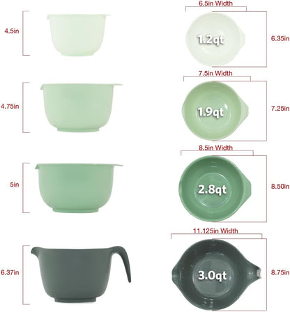 Glad Mixing Bowls with Pour Spout, Set of 4 - Nesting Plastic Bowls (1.2qt, 1.9qt, 2.8qt, and 3qt with Handle) - Non Slip Base, Dishwasher Safe Kitchen Cooking and Baking Supplies, Grey