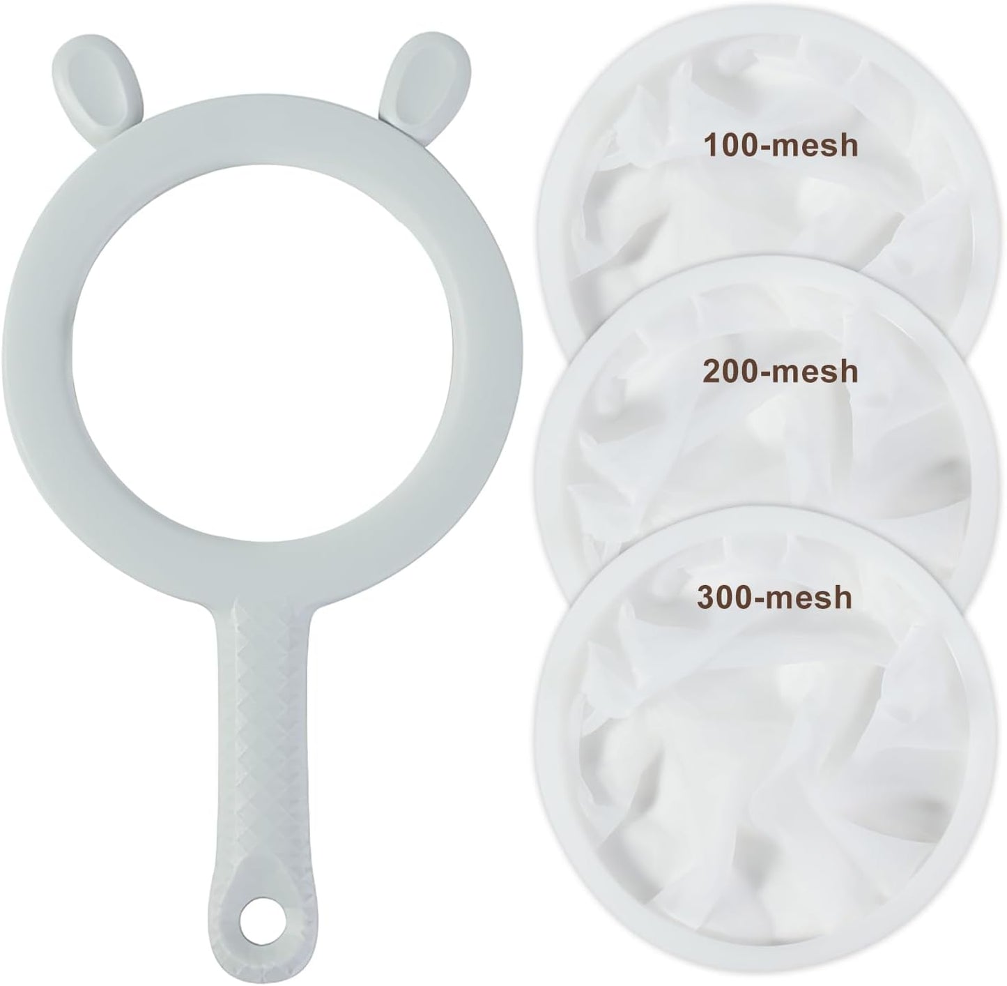 3-in-1 Fine Mesh Filter Kit with Detachable Sieve, 100/200/300 Mesh Filter with Grey Handle, Interchangeable Nylon Filter for Coffee, Tea, Nuts, Milk Juice, Fine Mesh Food Grade PP Frame（Grey）