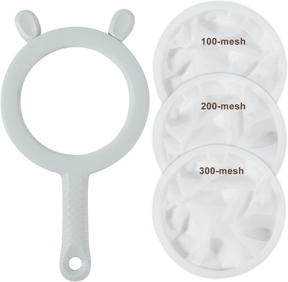 3-in-1 Fine Mesh Filter Kit with Detachable Sieve, 100/200/300 Mesh Filter with Grey Handle, Interchangeable Nylon Filter for Coffee, Tea, Nuts, Milk Juice, Fine Mesh Food Grade PP Frame（Grey）