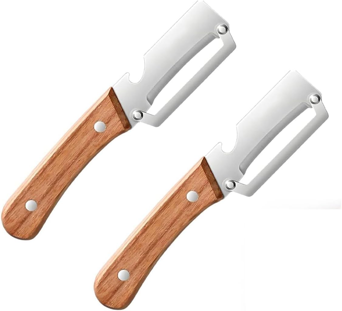 MultiFunctional Vegetable Peeler for Kitchen，Multifunctional Vegetable Peeler with Wooden Handle and Bottle Opener，2-in-1 Stainless Steel Kitchen Tool for Fruit Apple Potato Pumpkin Papaya (1)