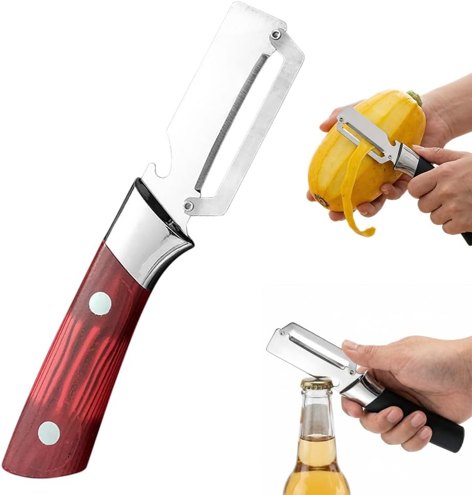 2026New Multi-functional Vegetable Peeler, Ktchen Multi-function Stainless Steel Thickened Fruit Peeler Knife with Wooden Handle, 3-1,Suitable for Peeling Fruits and Shredding Scallions (1PCS)