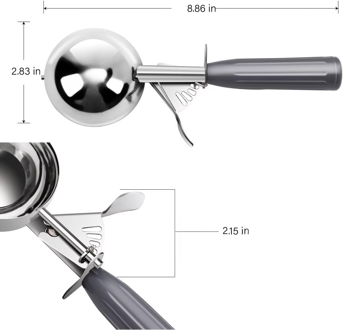 QUAL COOK Heavy Duty Stainless Steel Ice Cream Scoop 4 oz, Cookie Scoop with Trigger, Baking Scoop for Bakeries,Restaurants & Dessert Shops, #8, Grey