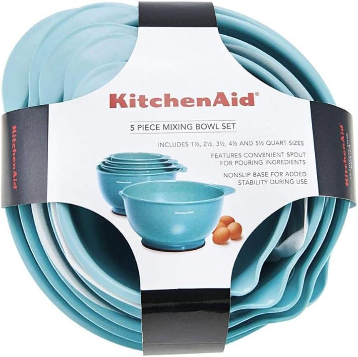 KitchenAid Universal Nesting Plastic Mixing Bowls, Set Of 3, 2.5 quart, 3.5 quart, 4.5 quart, Non Slip Base with Easy Pour Spout to Reduce Mess, Dishwasher Safe, Aqua Sky, White, Gray
