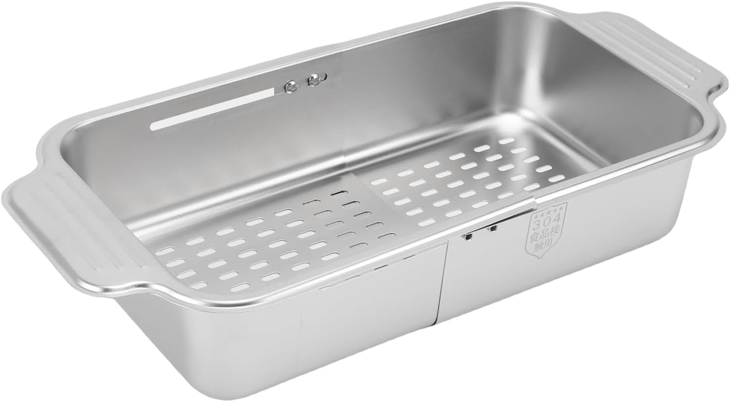 AYNEFY Extendable Over The Sink Basket Expandable Stainless Steel Colander 304 Food Grade Strainer for Washing Vegetables Fruits Pasta Dishes with Rubber Grip Handles (S)