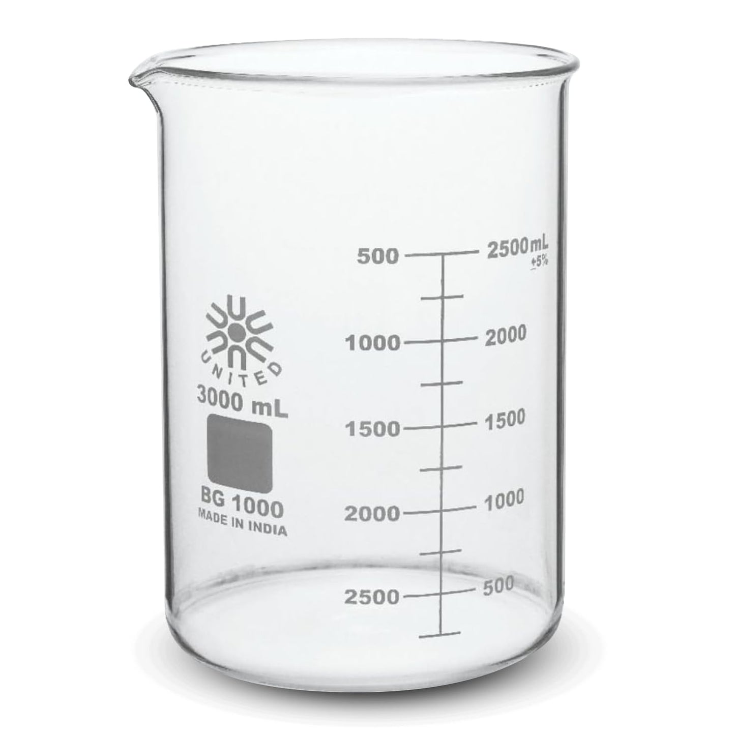 United Scientific™ Chemistry Glassware Measuring Beaker, 1000mL Low Form Griffin, 3.3 Borosilicate Laboratory Glassware, Double Scale Graduated, Autoclavable, ASTM-E960 Compliant, 1 Each