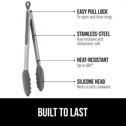 GORILLA GRIP Stainless Steel Heat Resistant Kitchen Tongs for Cooking, Set of 2 BBQ Tong, Non Scratch Silicone Tip for Pans, Strong Grip, Grab Food, Toss Salad, Air Fryer, Pull Lock, 7 + 9 Inch, Black