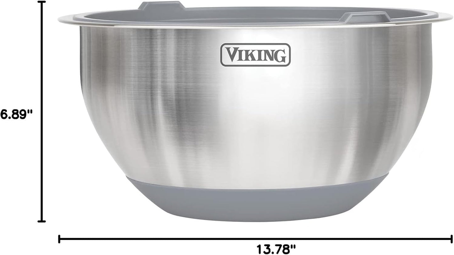 Viking Mixing Bowls Set, 10 Piece Stainless Steel Kitchen Cookware, Non-Slip Silicone Base, Includes Tight Fit Lids, Dishwasher Safe, Black