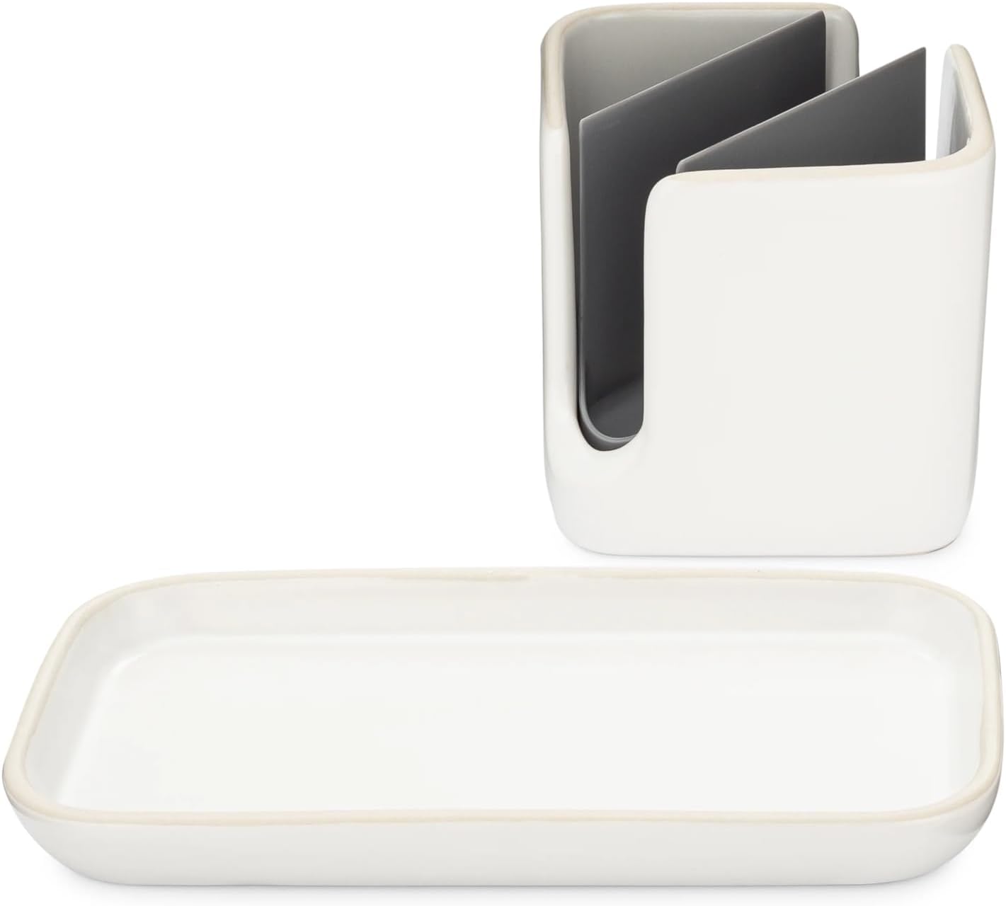 Full Circle Stash, Ceramic Kitchen Sink Caddy, Stylish Sponge Holder & Dish Brush Organizer, Easy to Clean, Dishwasher Safe, Rustproof, White and Gray