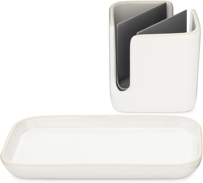 Full Circle Stash, Ceramic Kitchen Sink Caddy, Stylish Sponge Holder & Dish Brush Organizer, Easy to Clean, Dishwasher Safe, Rustproof, White and Gray