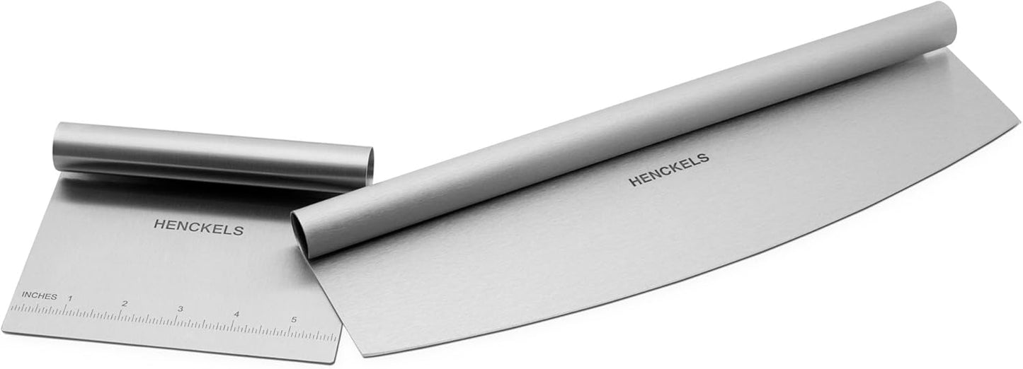 HENCKELS BBQ 2-pc Stainless Steel Pizza Cutter and Bench Scraper Set, Rocking Blade with Safety Guard and Measuring Scraper for Dough, BBQ and Baking