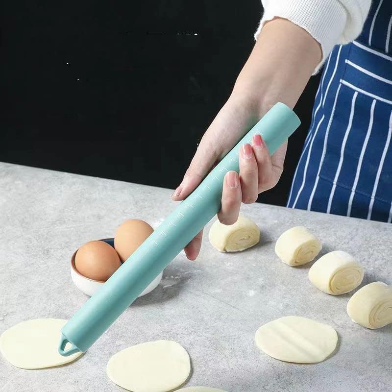 Small stainless Steel Inner Core Silicone Rolling Pin Non-stick Dough Roller (Green)
