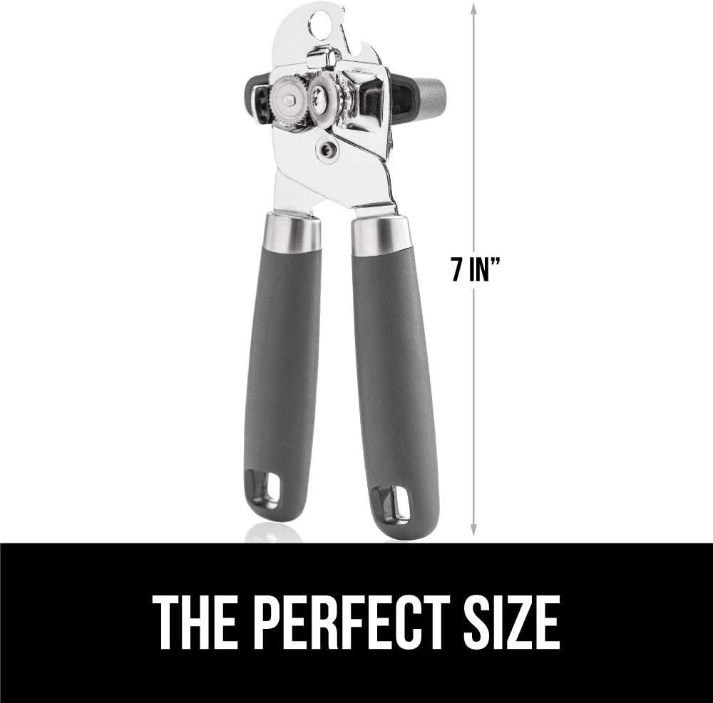 Gorilla Grip Manual Handheld Strong Can Opener, Sharp Cutting Wheel for Smooth Edge Cut, Oversized Easy to Use Turn Knob, Comfortable Soft Handle, Includes Built in Bottle Opener, Salt Gray