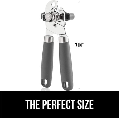 Gorilla Grip Manual Handheld Strong Can Opener, Sharp Cutting Wheel for Smooth Edge Cut, Oversized Easy to Use Turn Knob, Comfortable Soft Handle, Includes Built in Bottle Opener, Salt Gray